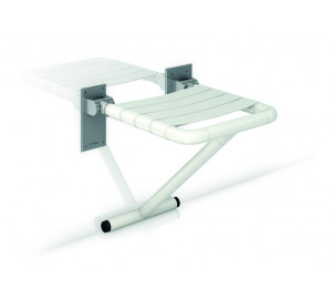 Asiento abatible nylon con pata de apoyo, base inox