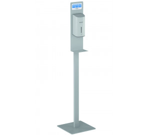 Stand dosificador automático en spray desinfectante de manos blanco
